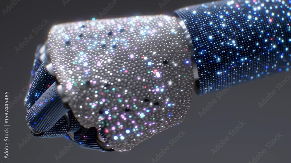 Poster ai quantum development concept, sparkling robotic hand with intricate detailing and gems.