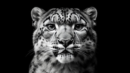 Snow leopard portrait close up black and white wildlife animal feline predator endangered species cat face mammal