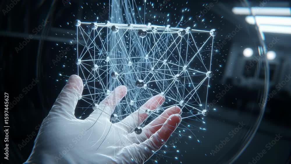 Aufkleber ai quantum development concept, hand in glove interacts with glowing neural-like strands in a dark l