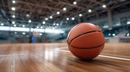 Indoor Basketball Court with a Focused Basketball on Wooden Floor