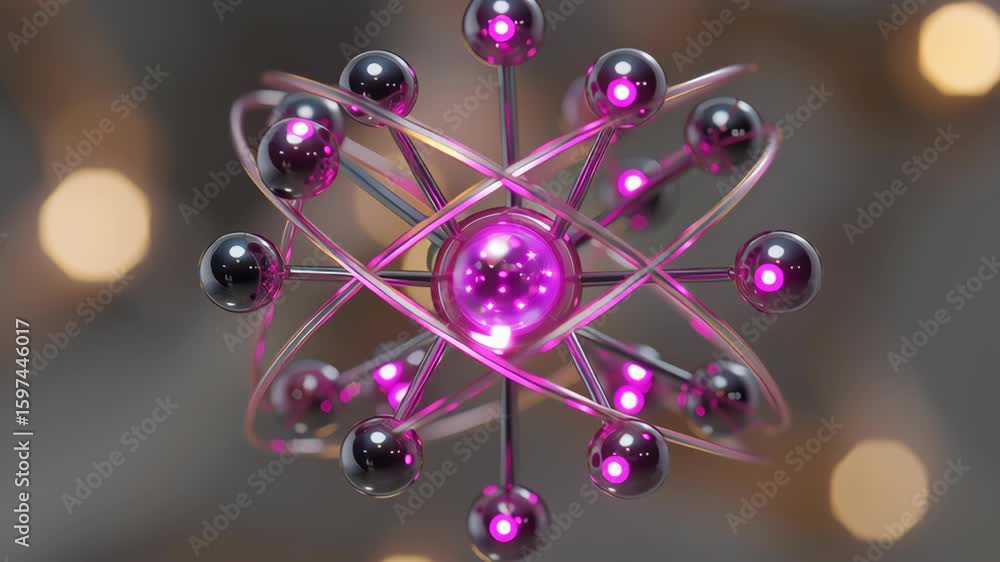 Poster ai quantum development concept, 3d atomic model with glowing purple elements and a blurred backgroun