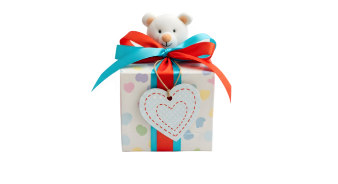 Gift box with a small teddy bear isolated on white