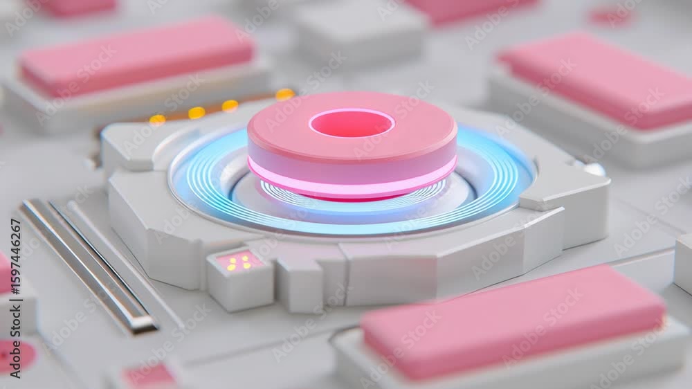 Aufkleber ai quantum development concept, futuristic button design with pink accents and glowing elements.