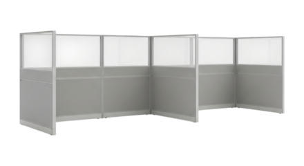Modern office cubicles with frosted glass panels for workspace privacy