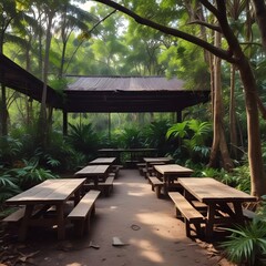 Obraz premium Picnic tables under a canopy in a lush green forest