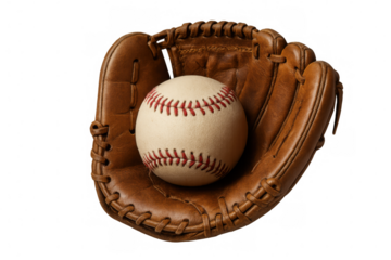 Vintage leather baseball glove gripping well-worn baseball, resting on transparent background before game action
