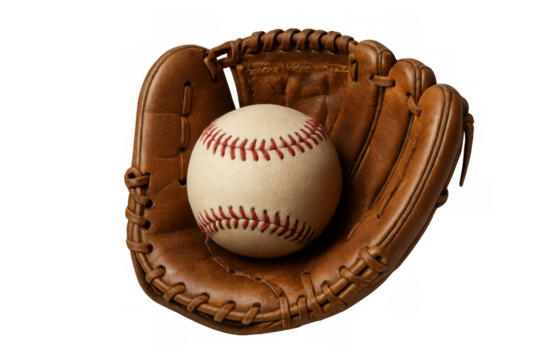 Vintage leather baseball glove gripping well-worn baseball, resting on transparent background before game action