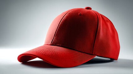 A blank red baseball cap on white surface. .