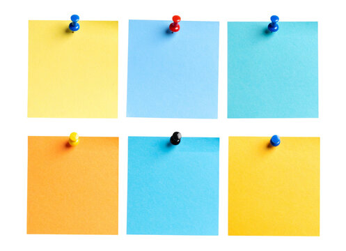 Set of colored paper notes with push pins isolated on transparent background 