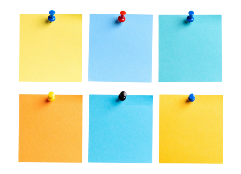 Set of colored paper notes with push pins isolated on transparent background 