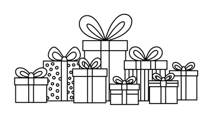 Line art illustration of gift boxes with ribbons and bows