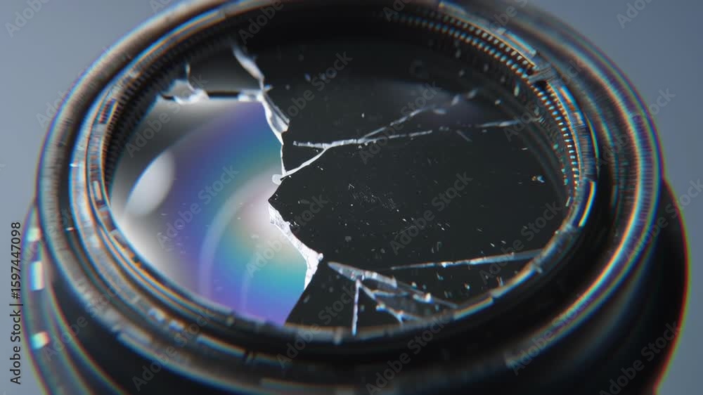 Aufkleber ai quantum development concept, broken camera lens with colorful reflection and cracks visible.