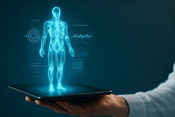 Medical hologram healthcare technology concept showing glowing human body projection above digital tablet held by person in white sleeve with futuristic medical data