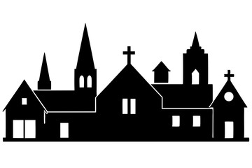 Obraz premium Black Silhouette of Church and Houses Cityscape