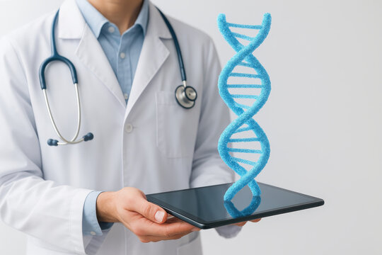 Medical healthcare professional holding tablet with blue DNA medical hologram floating above it showing advanced technology and innovation in healthcare and medical research