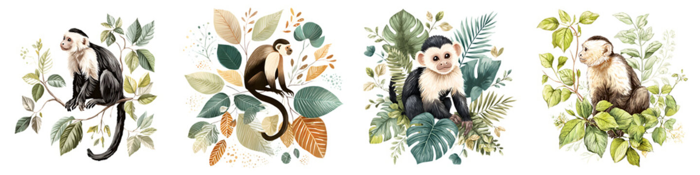 Watercolor Monkey Illustration Set with Tropical Leaves and Floral Accents