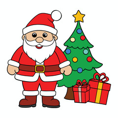 Happy Santa Claus with Christmas gifts and a festive tree in winter