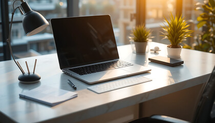 Fototapeta premium A modern office desk setup featuring a laptop, plants, and a lamp bathed in sunlight.