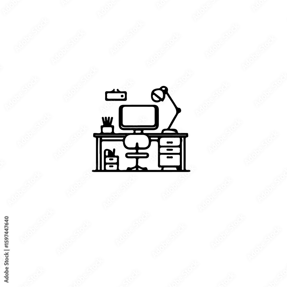 Poster a simple line art illustration of a desk setup with computer and lamp icon