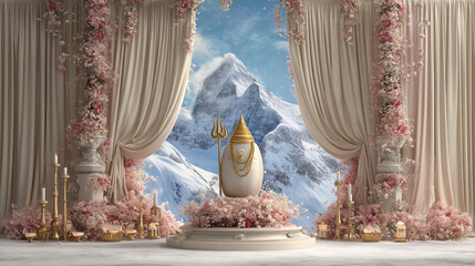 Realistic 3D wallpaper background featuring a sacred Shiva Linga sculpture adorned with pink floral garland and golden trident on white base, surrounded by lit candles