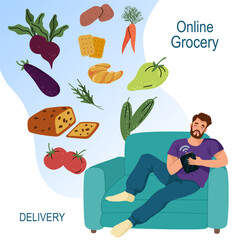 Flat vector illustration of a hand drawn square banner with man on sofa using her smartphone to order groceries online. Includes vegetables, bread, and baked goods. 