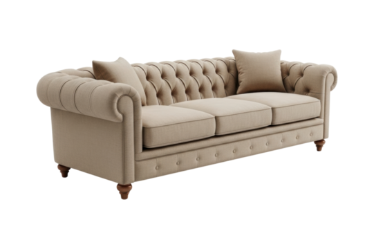 Elegant beige chesterfield sofa with cushions on wooden legs