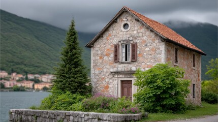 Fototapeta premium An old stone house with a terracotta roof stands beside a lake with green mountains in the background