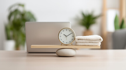 Work life balance concept with a clock and towels on a scale