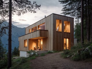 Fototapeta premium Modern Wooden Houses in Switzerland with Cozy Scandinavian Interiors and Alpine Views