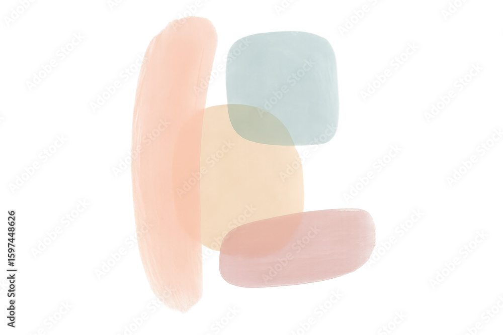Poster pastel brush strokes creating soft abstract shapes, translucent background offering delicate color b