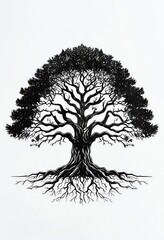 black silhouette of a tree with exposed roots representing tree of life symbol
