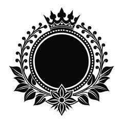 a black and white round frame with a crown on it.