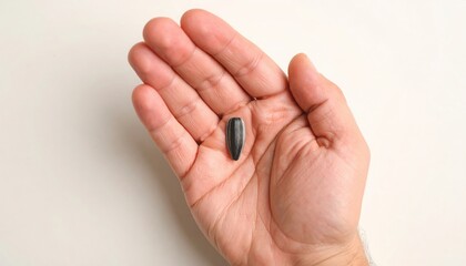  A close-up of a hand holding a single sunflower seed, a concept of growth, potential, and new beginnings. Generated image