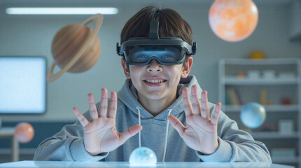 A young boy smiles excitedly while wearing VR glasses, his hands outstretched. He is surrounded by holographic planets and stars, creating an immersive, futuristic educational scene.