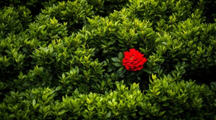 Single Red Flower among Green Leaves