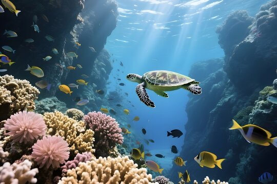 Underwater Ocean Scene with Marine Life and Seascape Elements