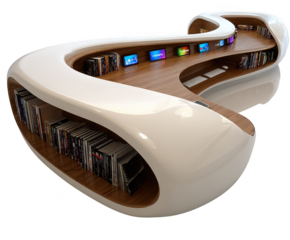 Modern futuristic organic shaped desk with bookshelves and integrated screens isolated on transparent background