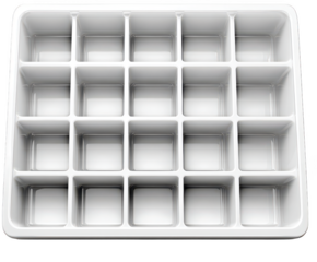 Empty white plastic tray with multiple compartments isolated on transparent background