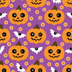 Halloween pumpkin pattern with bats and bats on purple background.