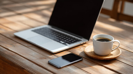 A laptop, coffee, and smartphone rest on a wooden desk--an ideal workspace for freelancers embracing remote work