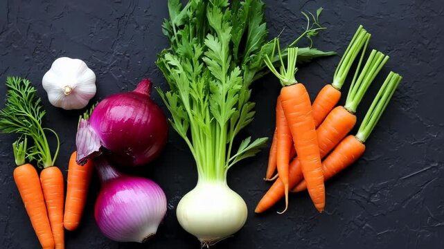 Vibrant still life of farm-fresh vegetables: Carrots, onions, garlic, and celery bunch