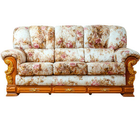 Elegant floral patterned three seater sofa with ornate wooden frame isolated on transparent background