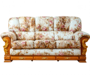 Elegant floral patterned three seater sofa with ornate wooden frame isolated on transparent background