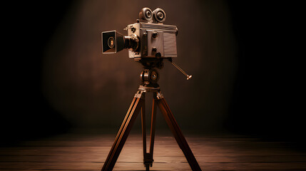 A vintage movie camera on a wooden tripod, showcasing classic cinematography with brass and leather details.