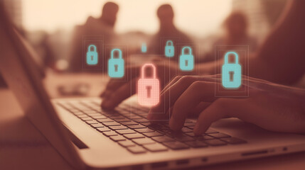 Person typing on a laptop with digital padlock icons floating, symbolizing cybersecurity and data protection in a blurred office setting.