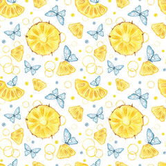 Tropical butterfly dance among juicy pineapple slices watercolor isolated seamless pattern. Hand painted tropical fruits and fluttering dreamy insects illustration for fashion textiles, invitations.