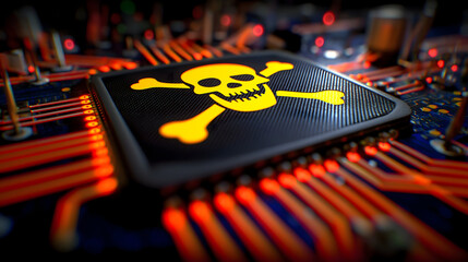 A close-up of a computer chip with a yellow skull and crossbones symbol, representing cyber threats or computer viruses on a motherboard.