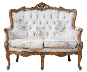 Elegant vintage floral upholstered two seater sofa with ornate wooden frame isolated on transparent background