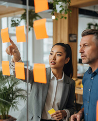 A woman points at sticky notes while explaining project strategy to her male colleague.
