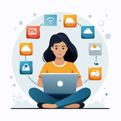 Flat style vector of a person using a laptop with digital icons floating around, cloud computing, tech workspace illustration